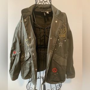 Army Green Military Utility Embroidered Jacket with Skull Decal